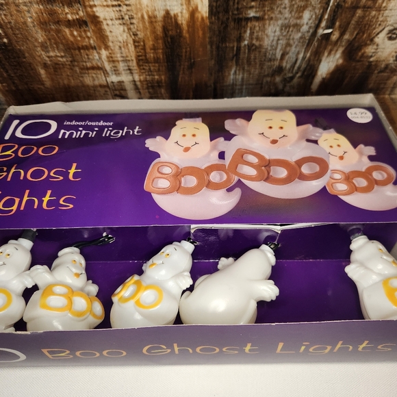 Vintage Halloween 10 Boo Ghost Blinking Indoor String Light Cover Blow Mold NOS - Picture 5 of 5